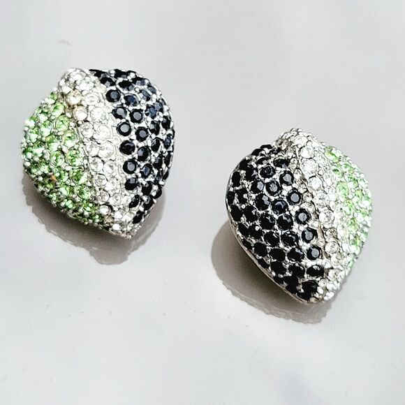 Vtg Ciner signed Silverplate Lime & White Black Crystals Almond Earrings Clip On